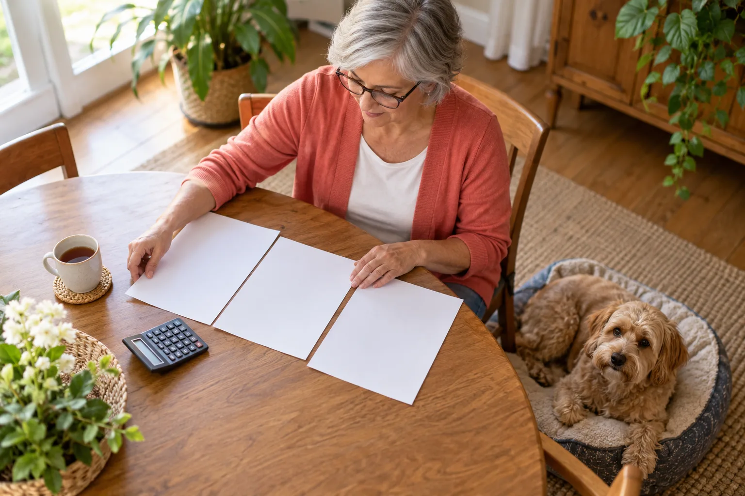 Pet owner comparing papers at a low table with a dog nearby